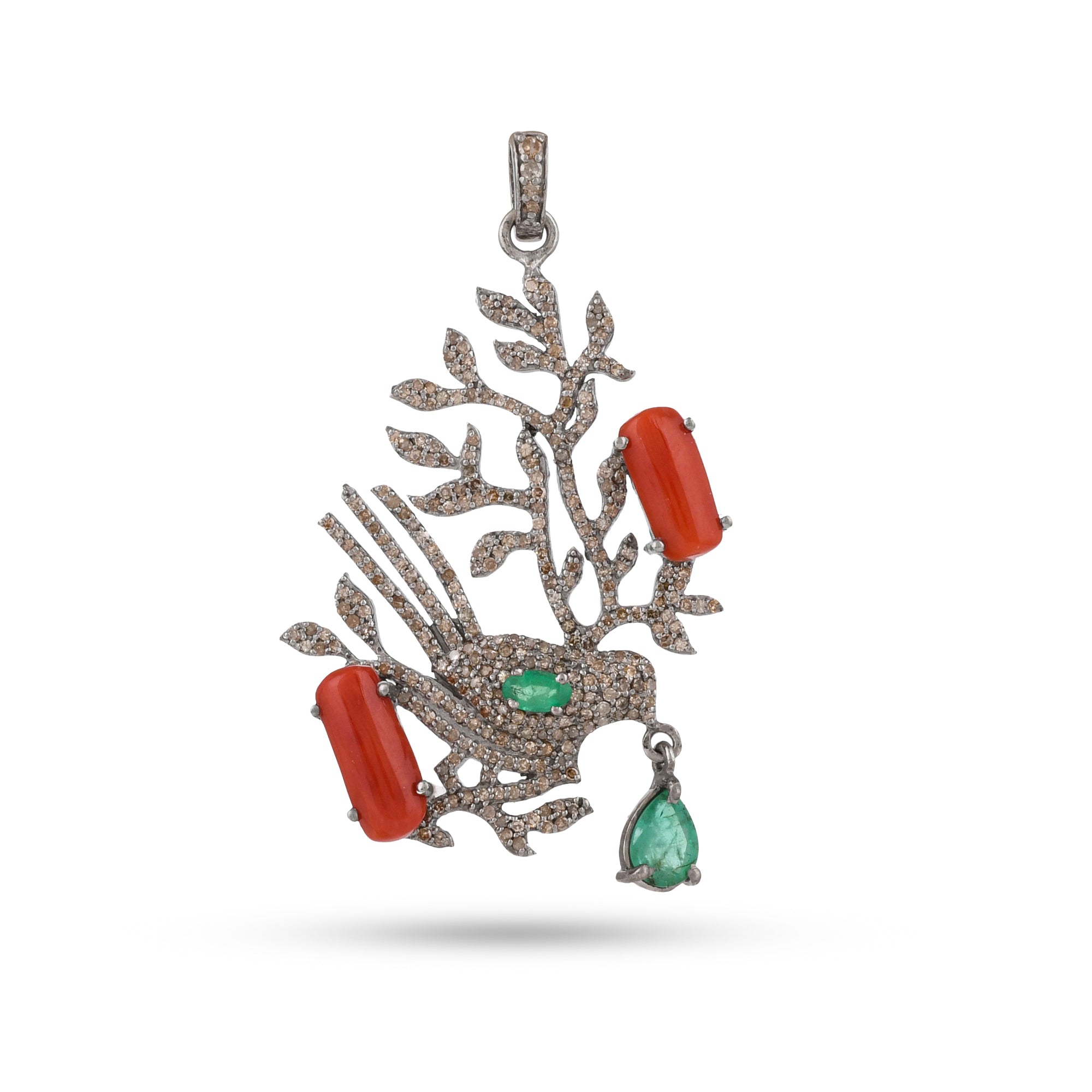 Emerald with red coral and diamond pendant