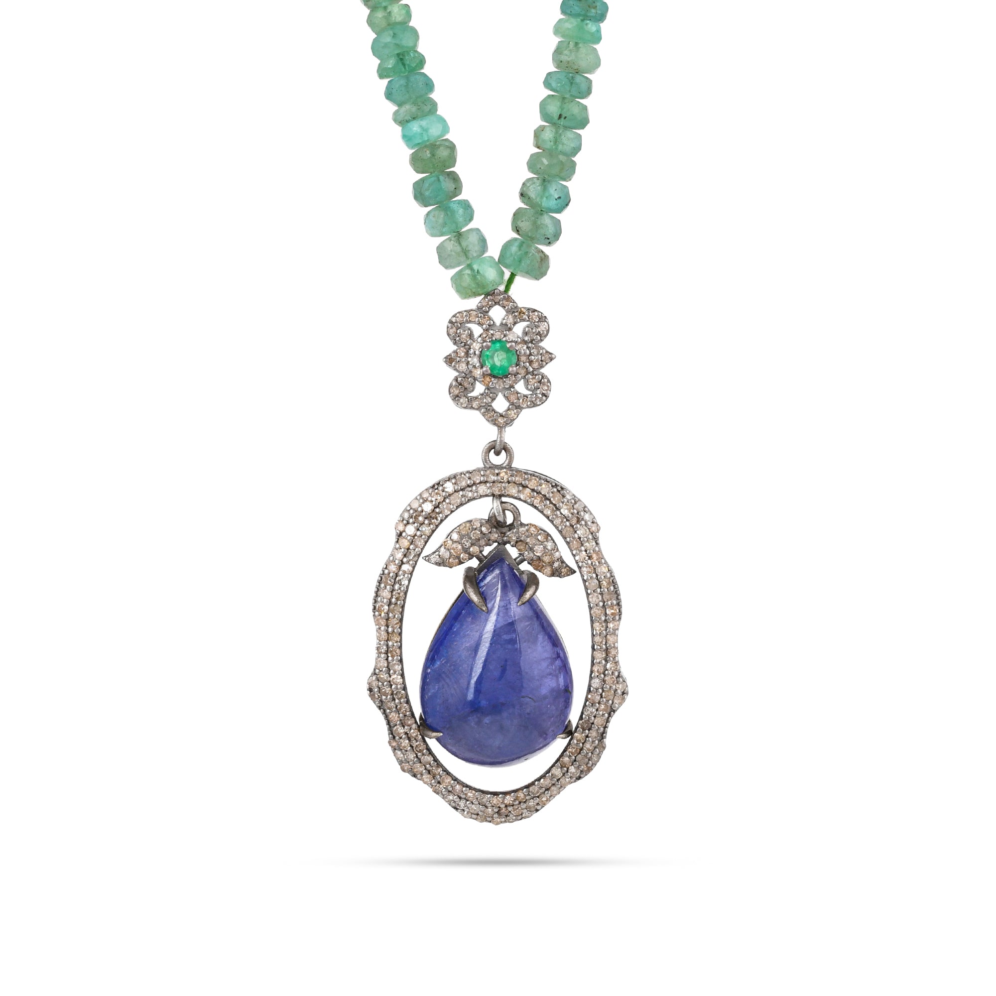 Tanzanite with diamond pendant with Emerald chain necklace